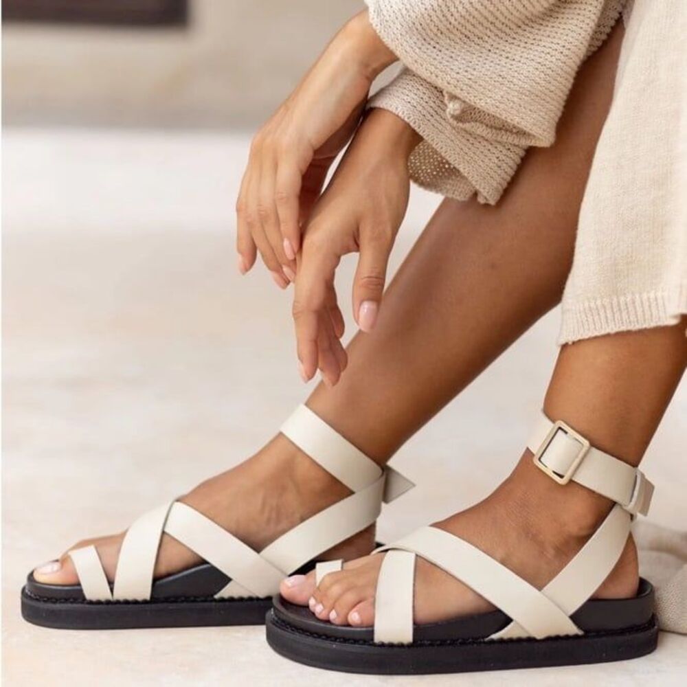 Cream black Sandals Chunky Gladiator Vegan Leather New
